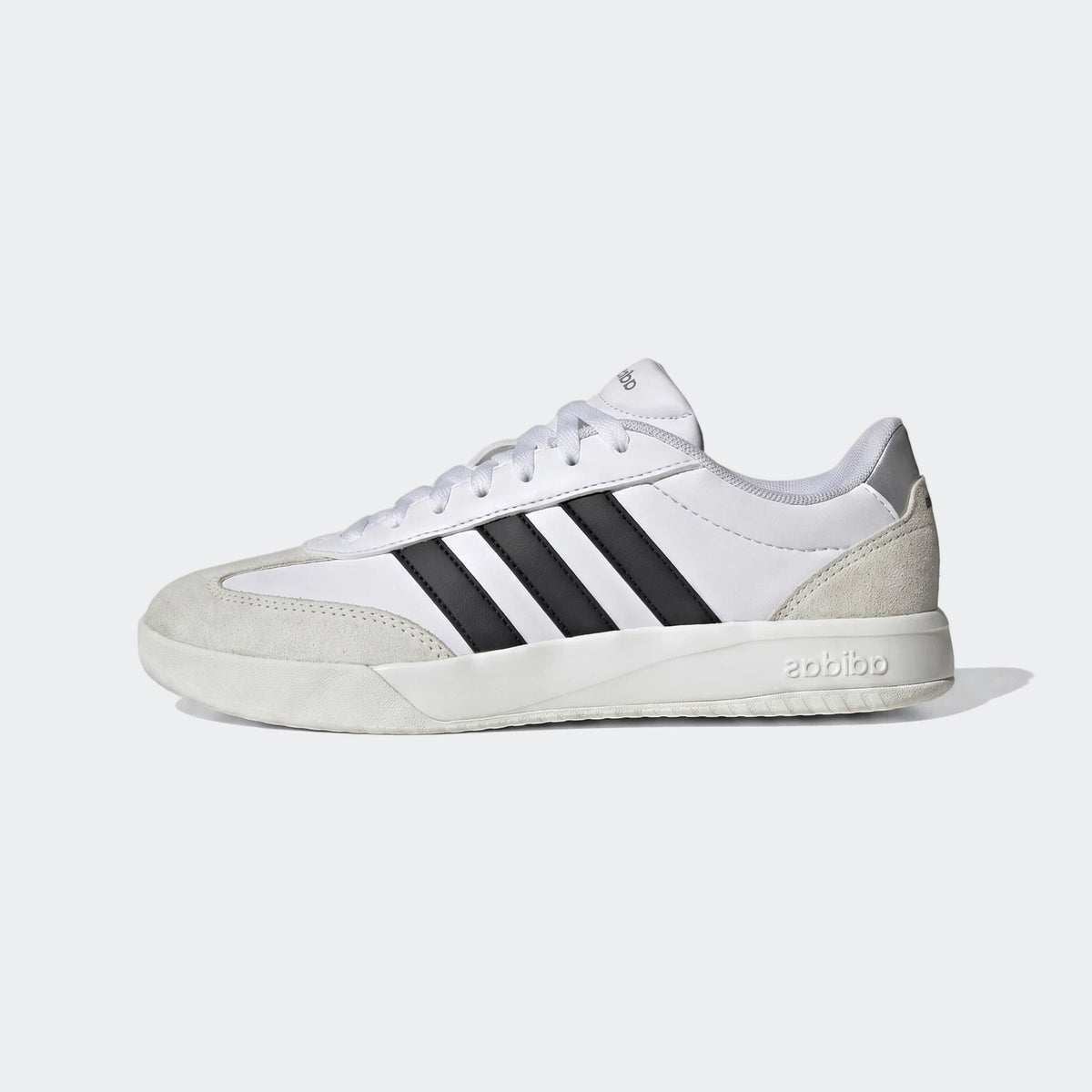 Vl Court Fc Ft White Sneakers with black stripes on the side, featuring a light grey suede toe and heel, viewed from the