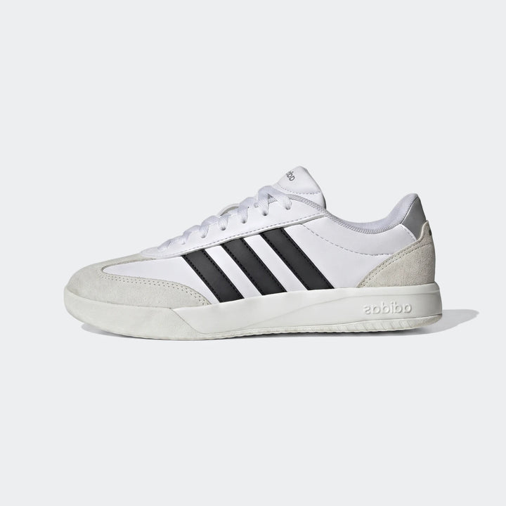 Vl Court Fc Ft White Sneakers with black stripes on the side, featuring a light grey suede toe and heel, viewed from the