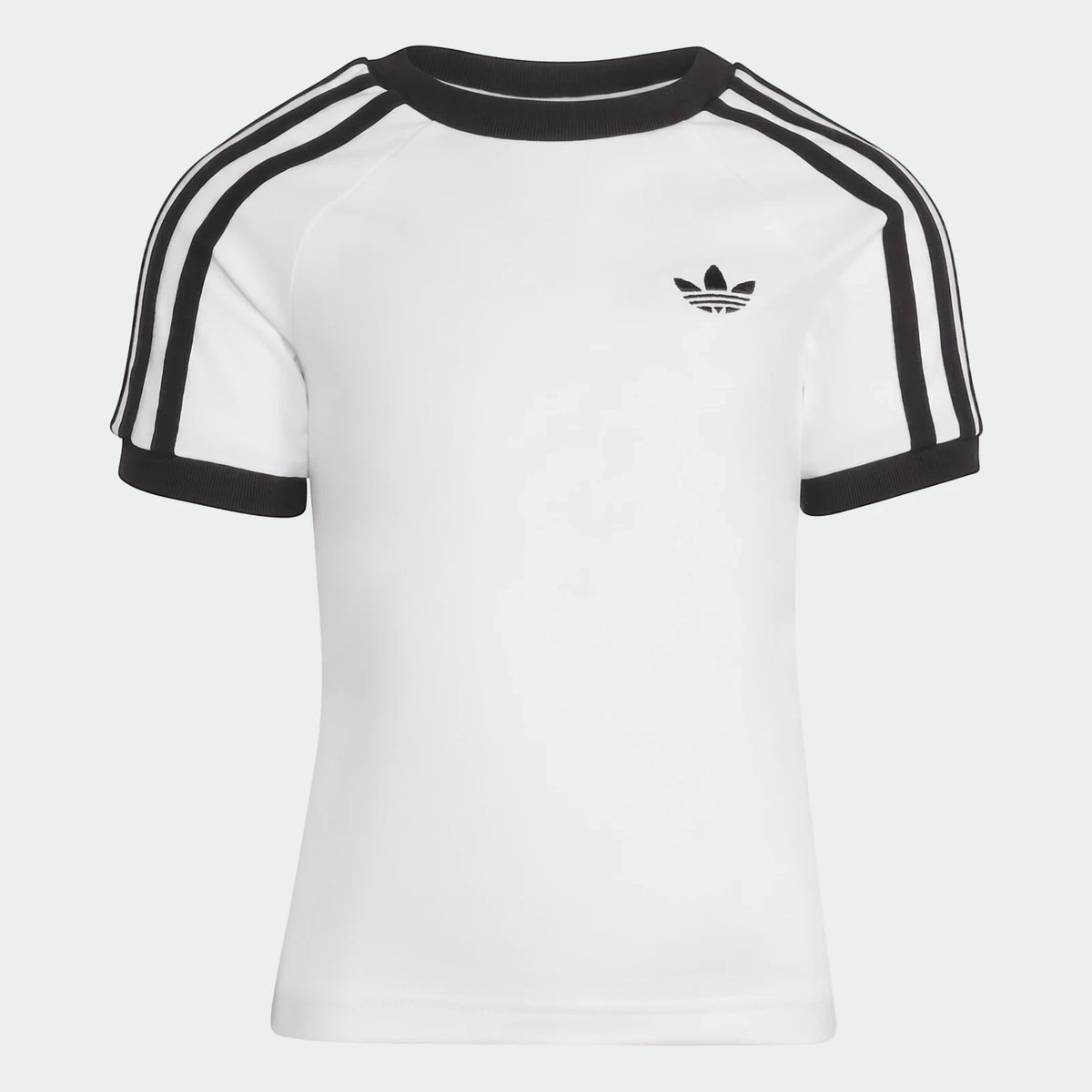 A white Adidas 3-Stripes short sleeve tee with black stripes on raglan sleeves, black ribbed collar, and a black trefoil