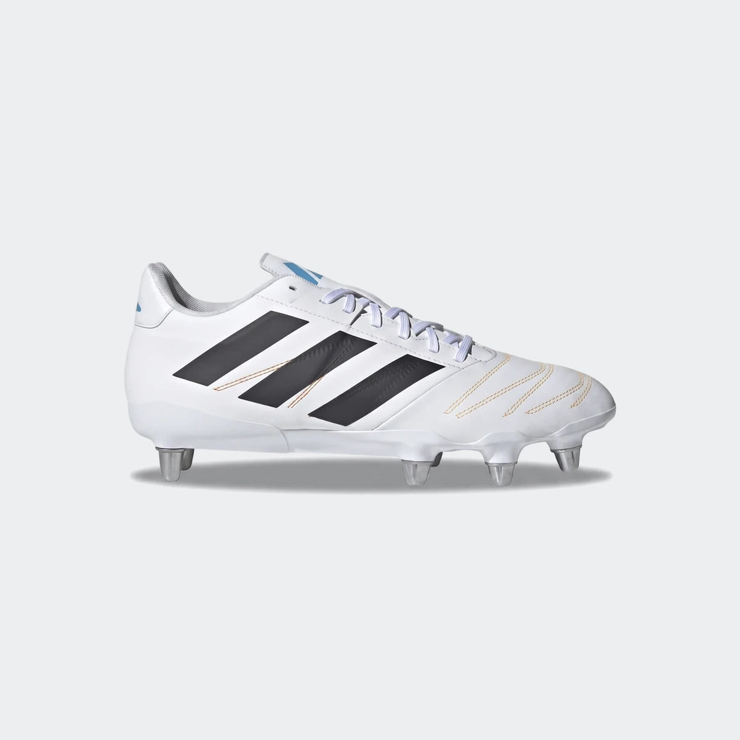 White Adidas Kakari Elite SG Rugby Boots with black three stripes, white laces, and light blue accents, shown in a side