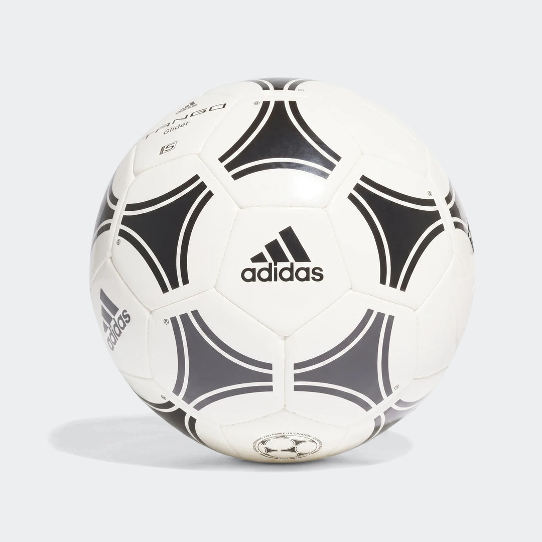 White Adidas Tango Glider soccer ball, size 3, with black triangular panels and Adidas logos, shown from a front-facing