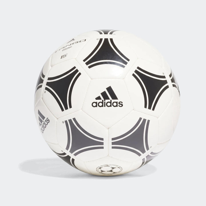 White Adidas Tango Glider soccer ball, size 3, with black triangular panels and Adidas logos, shown from a front-facing