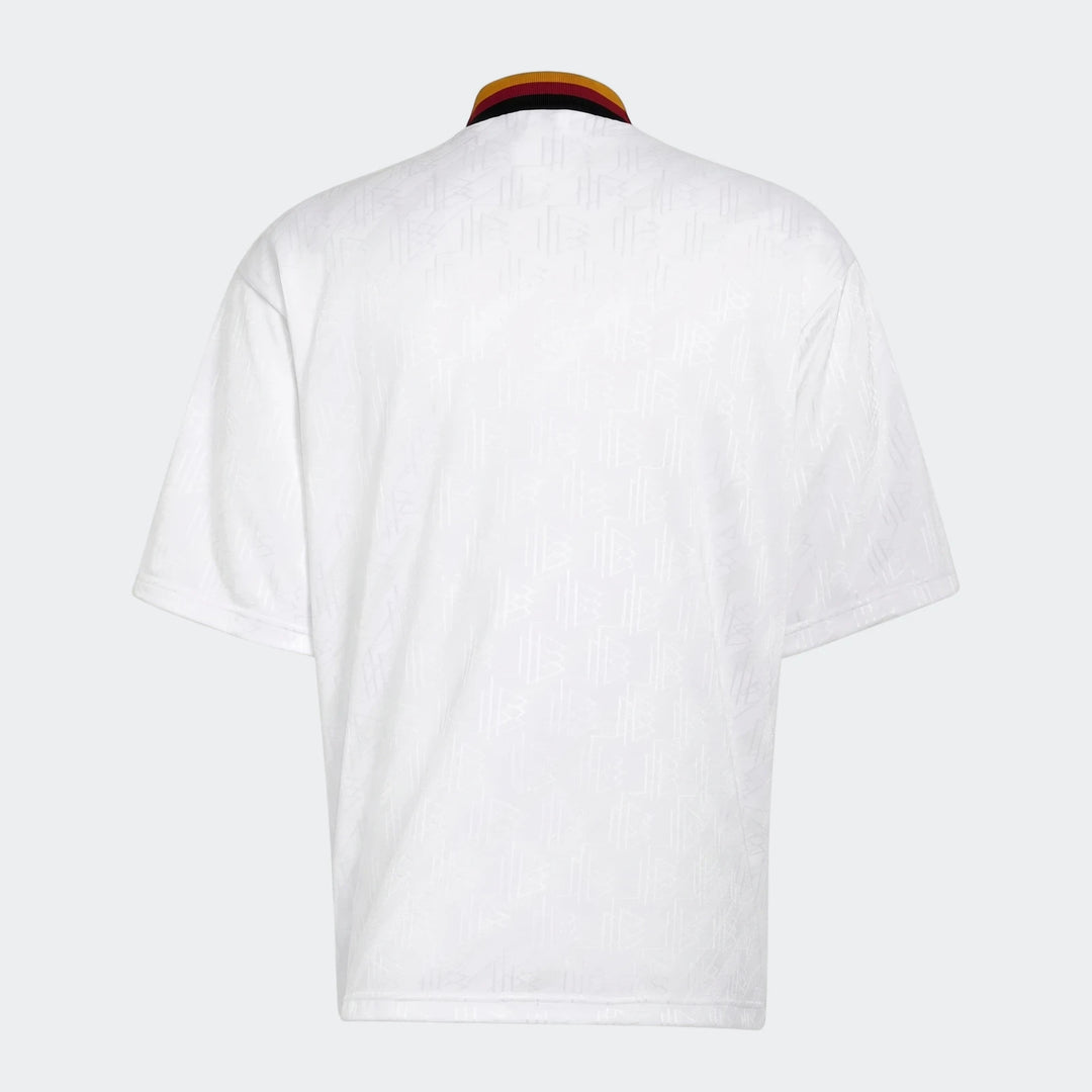 Back view of a white Adidas Z.N.E. Track Top with a distinctive black, red, and yellow striped collar.