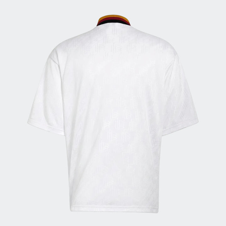 Back view of a white Adidas Z.N.E. Track Top with a distinctive black, red, and yellow striped collar.