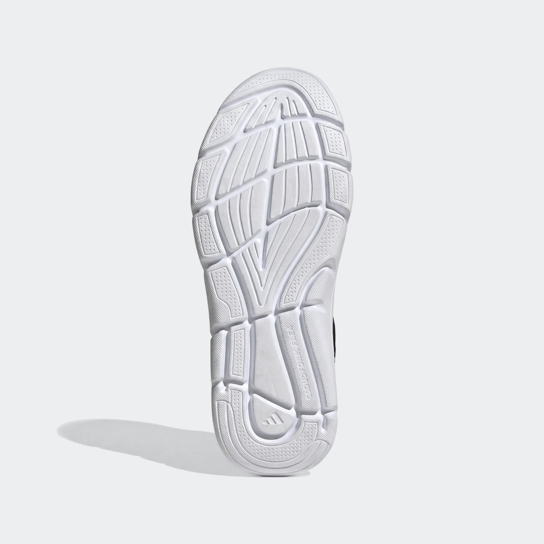 Close-up view of a white athletic shoe sole, showcasing the detailed tread pattern and Cloudfoam Flex branding.
