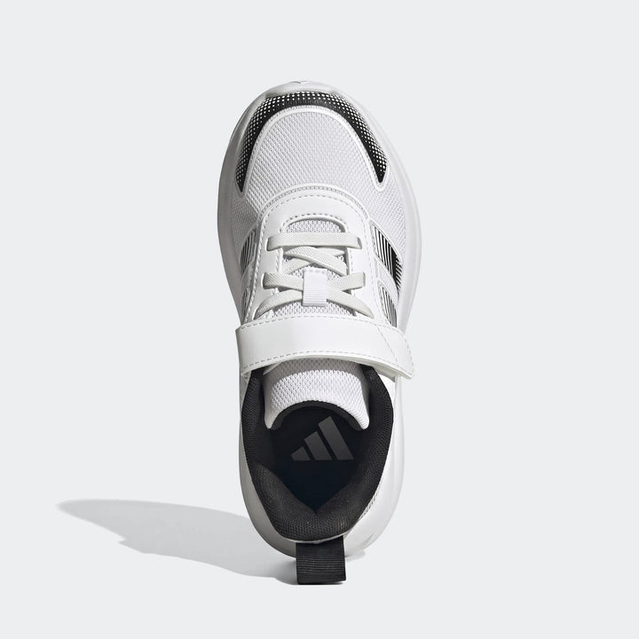 White children's Adidas Tensaur Run 4.0 shoes with black accents and a hook-and-loop strap, viewed from directly above.