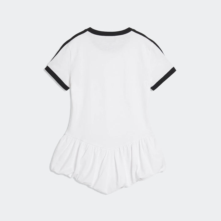 White T7 Balloon Crew Neck Short Sleeve T-Shirt with black trim, shown from the back, featuring a crew neck and ruffled