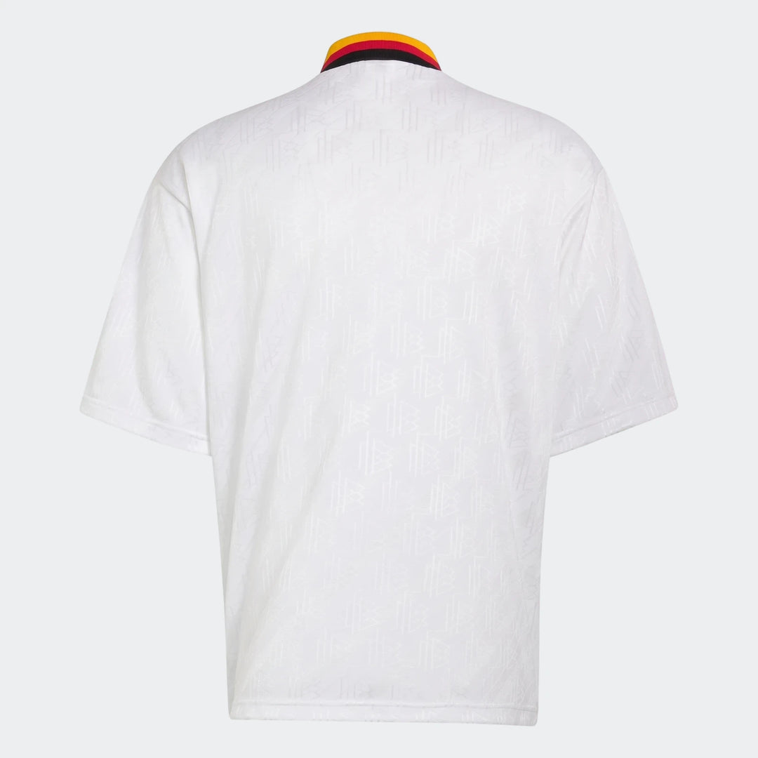White Z.N.E. Track Top, back view, with a subtle geometric pattern and black, red, yellow striped collar.