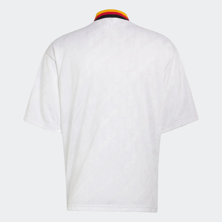White Z.N.E. Track Top, back view, with a subtle geometric pattern and black, red, yellow striped collar.