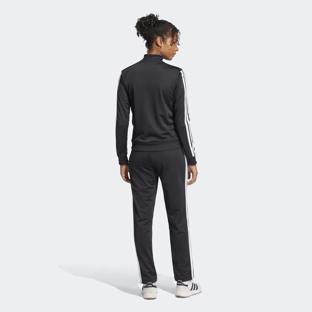 Women's black Adidas Dayready Tracksuit, full body back view, showcasing the jacket and straight-leg pants with white