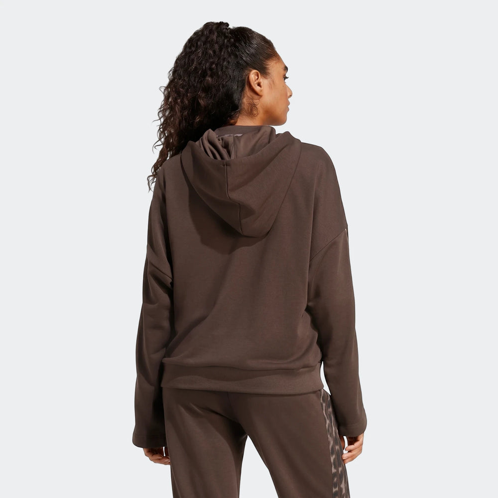 Women's dark brown All-Over Print Infill French Terry Hoodie and track pants set, shown from the back with a leopard print