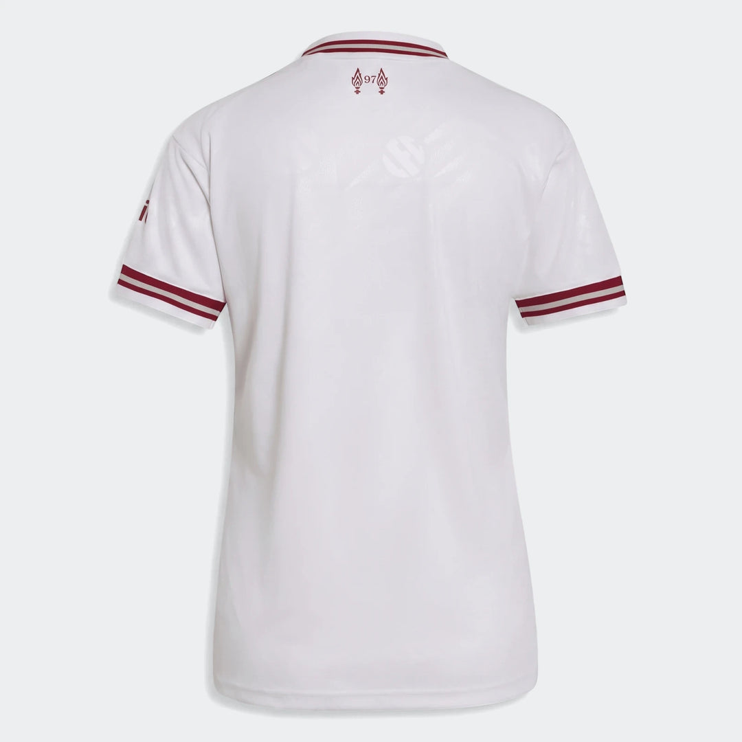 White women's Liverpool FC 26/27 away jersey, featuring maroon collar and sleeve trim, shown from the back.