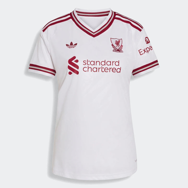 Womens Liverpool FC 26/27 Away Jersey in white with red trim, logos, and sponsor, shown from the front.