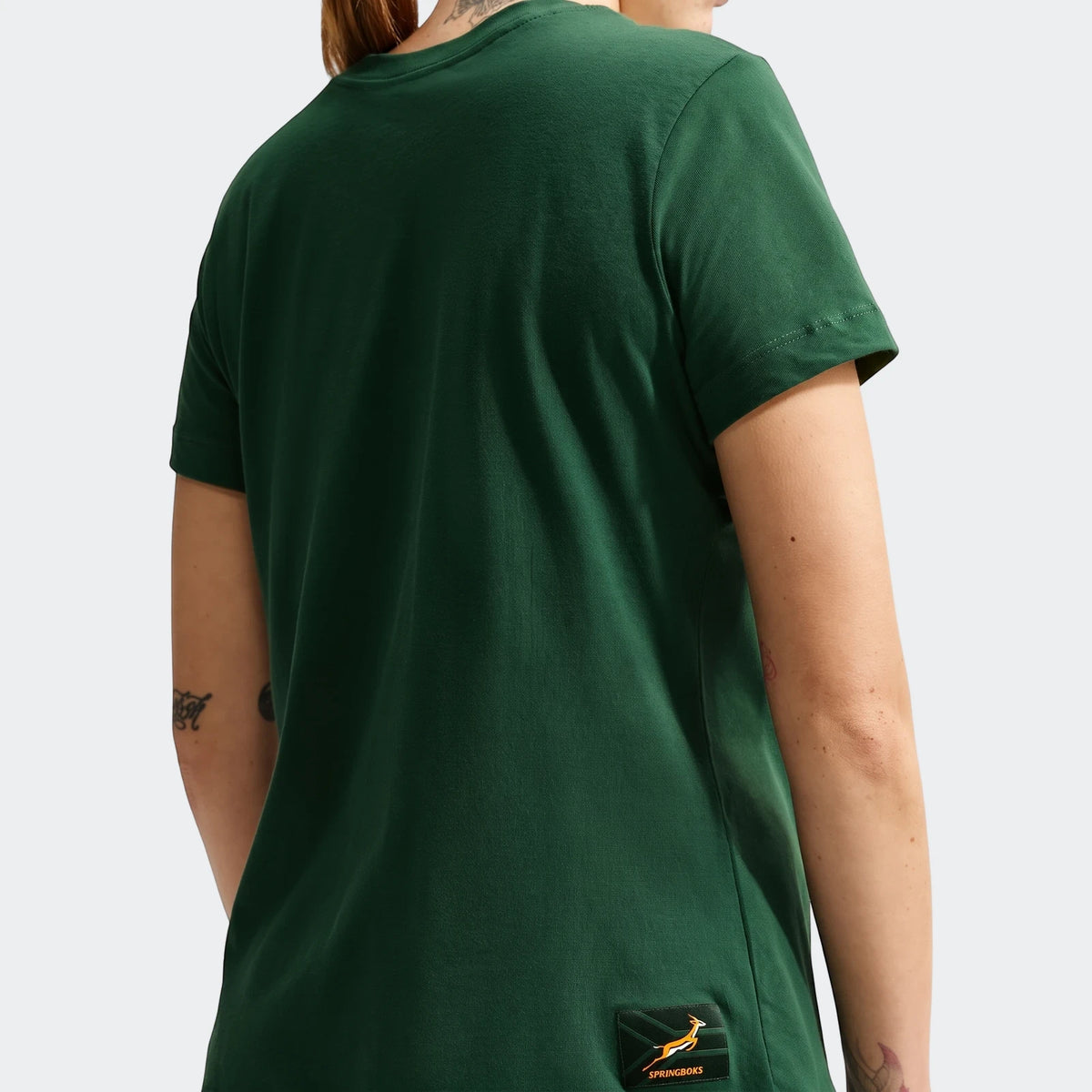 Women's Nike South Africa Springboks Rugby T-Shirt, dark green, short sleeve, seen from the back on a model.