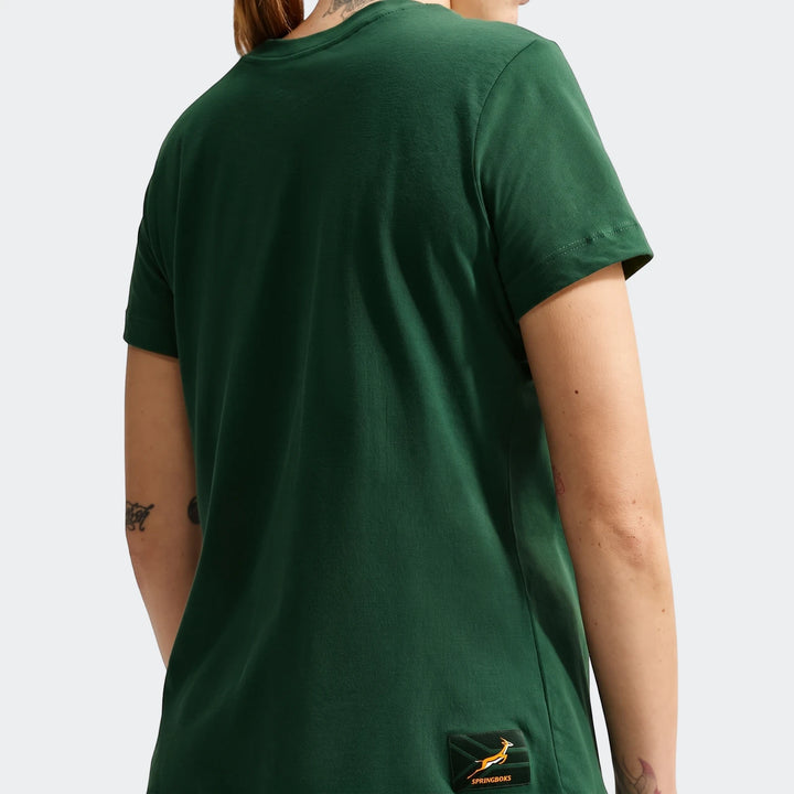 Women's Nike South Africa Springboks Rugby T-Shirt, dark green, short sleeve, seen from the back on a model.