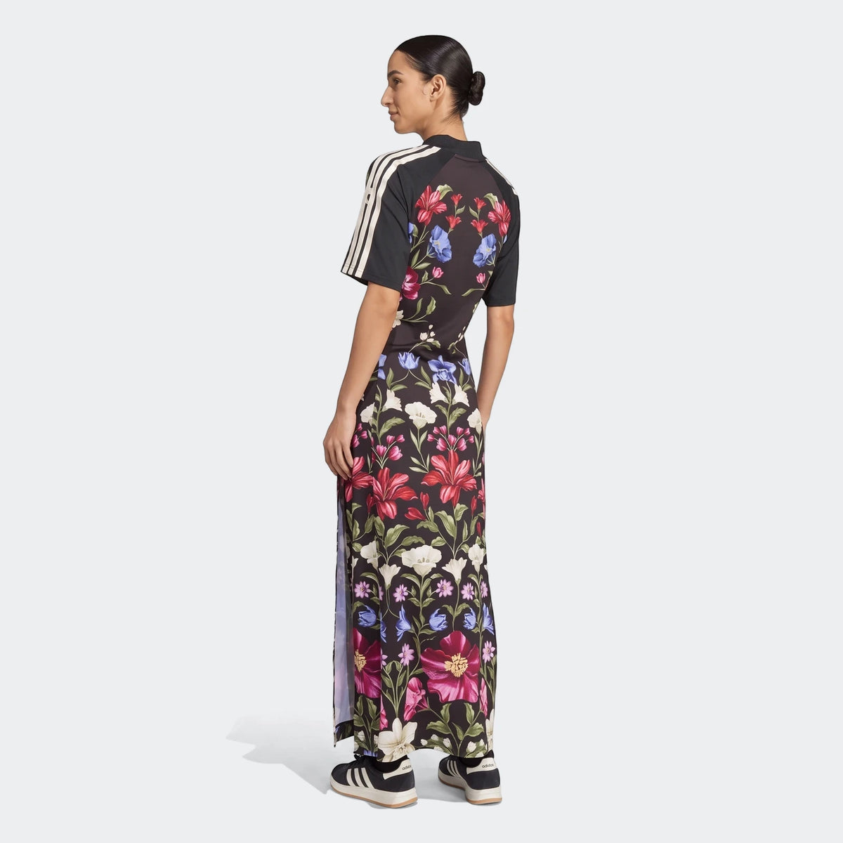 X Farm Rio Premium Dress in black with vibrant floral print, styled as a maxi length dress, shown from the back perspective
