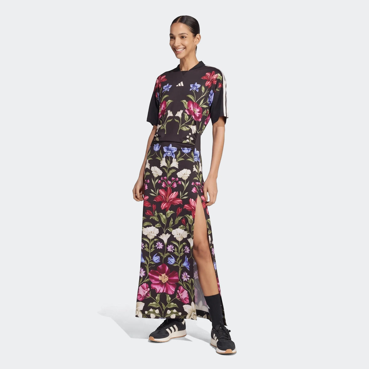 X Farm Rio Premium Dress in black with vibrant floral print, midi length, side slit, on model.