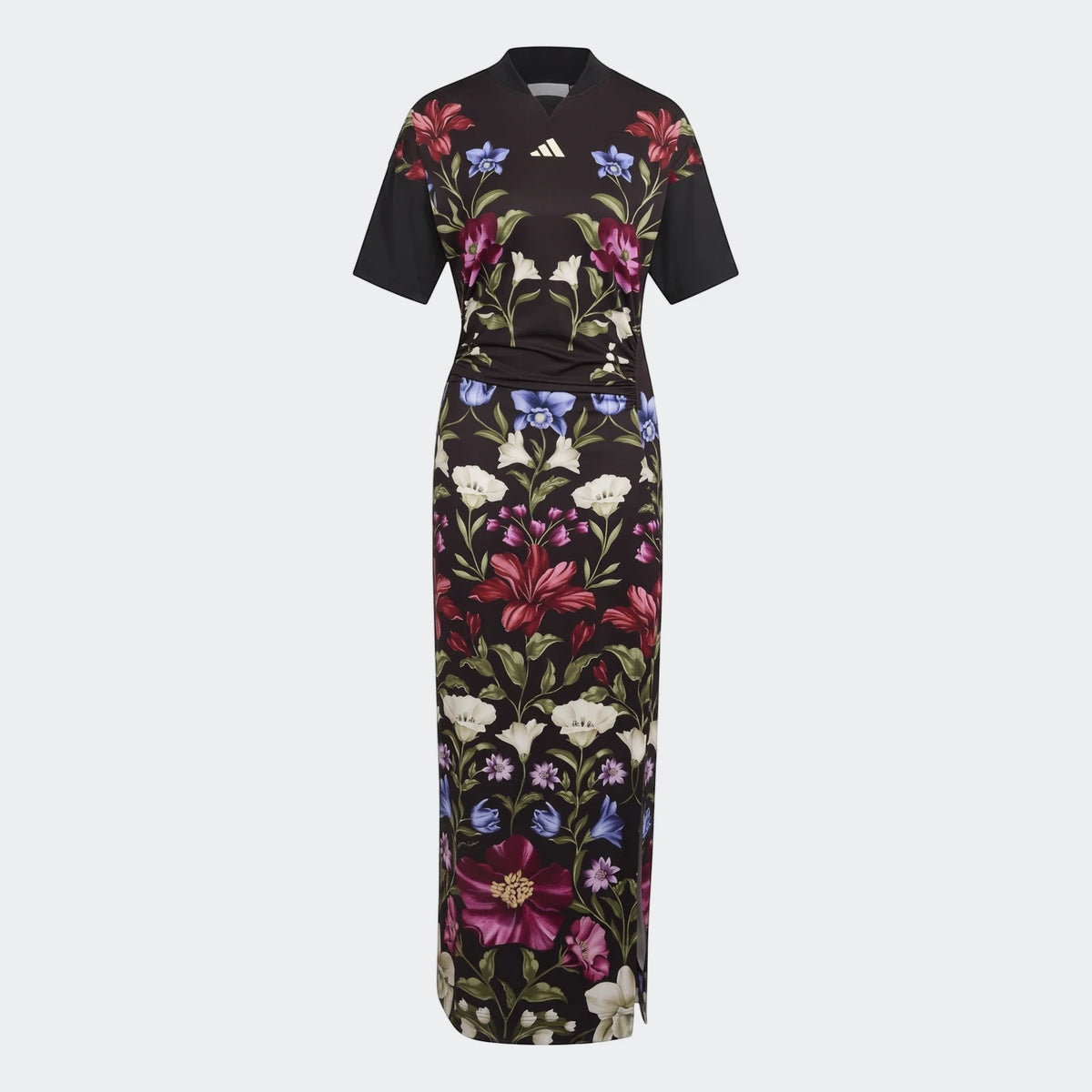 X Farm Rio Premium Dress for women, featuring a black base with vibrant floral patterns in red, blue, and white, and an