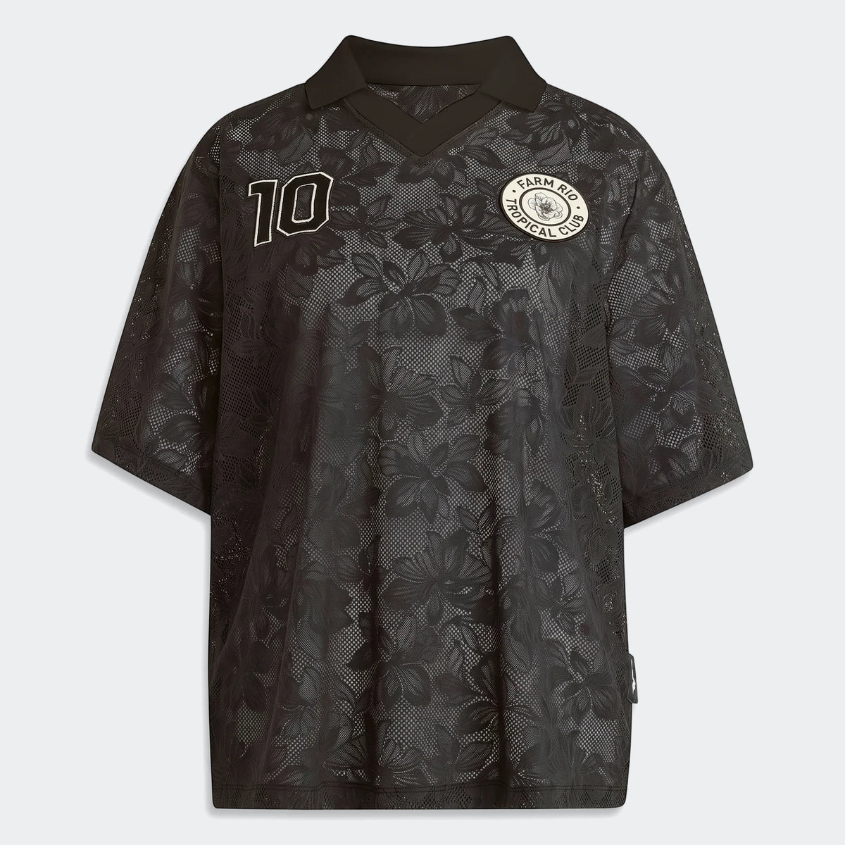 Black X Farm Rio Premium Jersey with short sleeves, a floral mesh pattern, number 10, and a Tropical Club patch.
