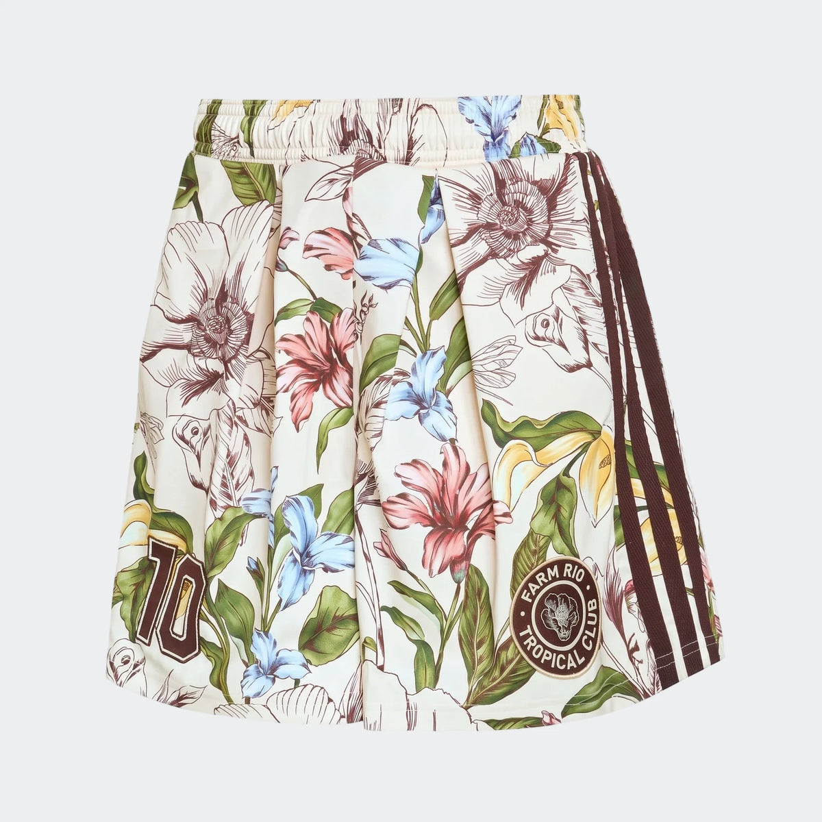 X Farm Rio Premium Shorts for women, featuring a vibrant floral print, brown elastic waistband, and signature three-stripe