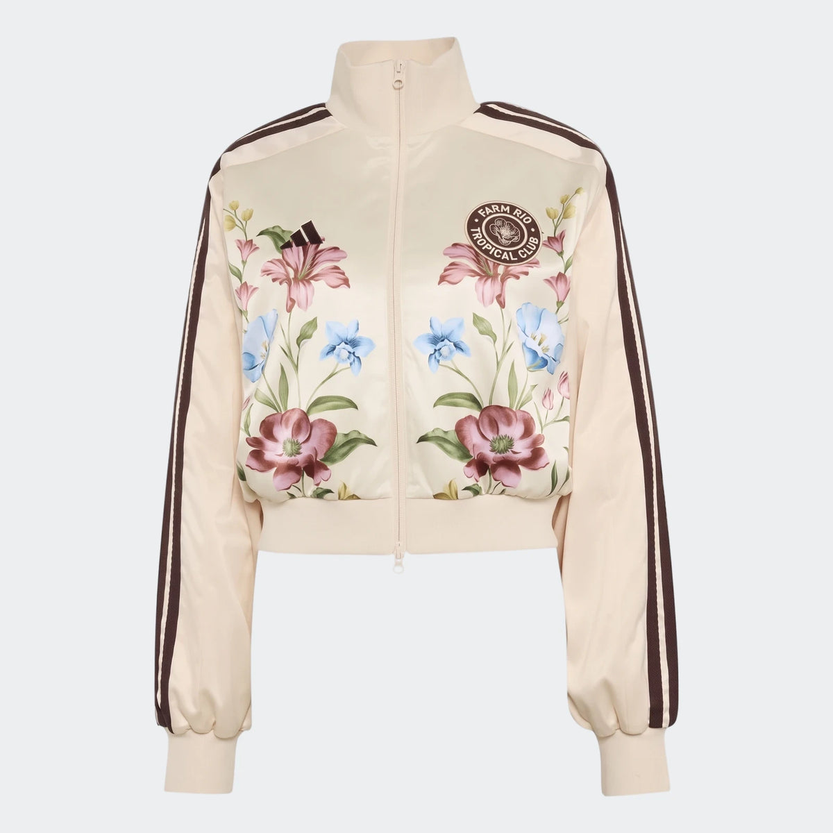 Cream X Farm Rio Premium Tracktop with tropical floral print and black stripes on sleeves, front view.