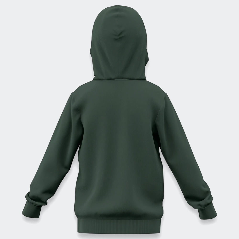 Back view of a dark green Youth 280G fleece hoodie, featuring a hood and long sleeves with ribbed cuffs.