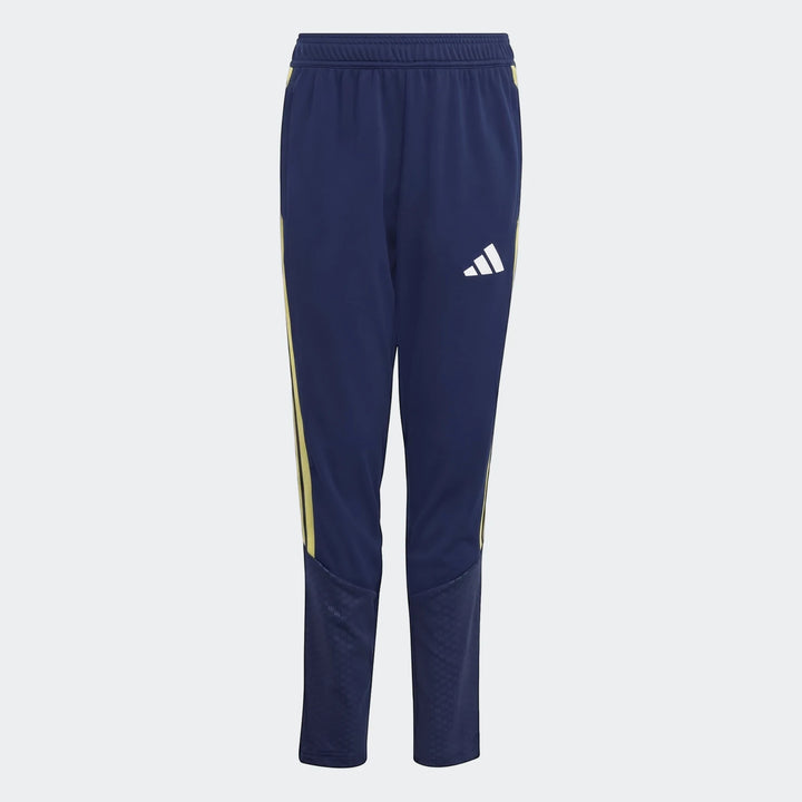 Youth Adidas Tiro 26 Competition Training Pants in dark blue with yellow side stripes and white logo, laid flat.