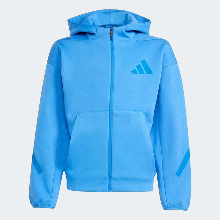 Blue Youth Z.N.E. Full-Zip Hoodie, featuring a full zipper, kangaroo pockets, and the Adidas logo on the chest, presented on