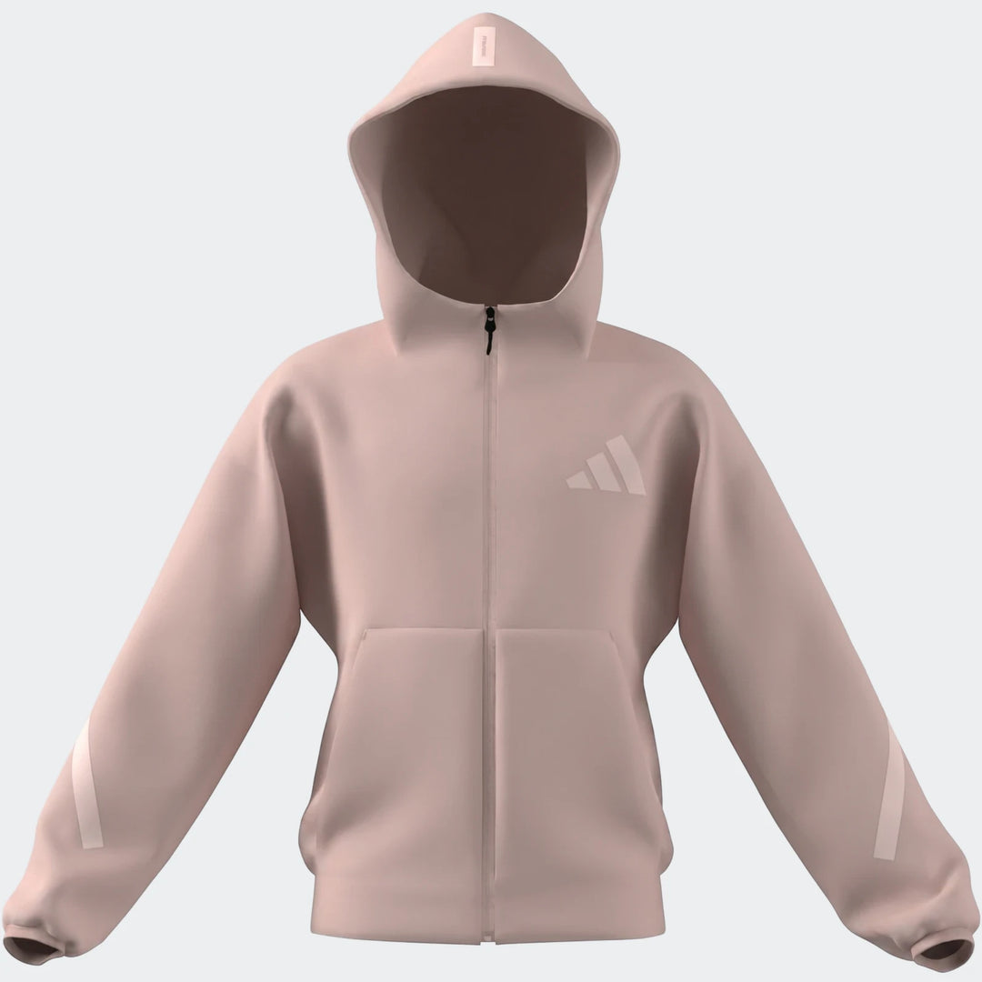 Youth Z.N.E. Full-Zip Hoodie in light pink, front view with hood up, full zipper, and subtle chest logo.