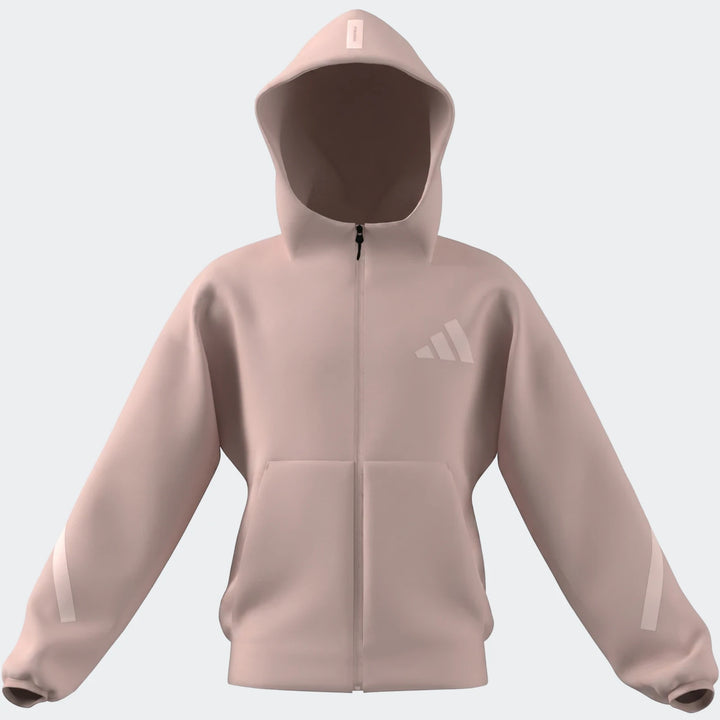 Youth Z.N.E. Full-Zip Hoodie in light pink, front view with hood up, full zipper, and subtle chest logo.
