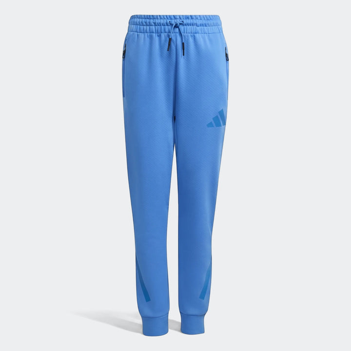 Blue Youth Z.N.E. Track Pants with a subtle honeycomb texture and iconic Adidas branding, shown front view.