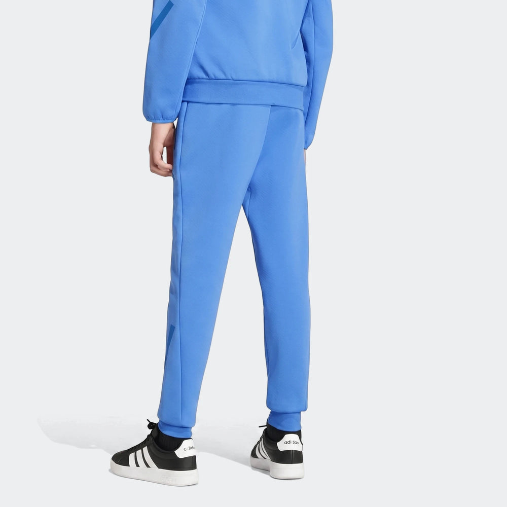 Youth Z.N.E. Track Pants in vibrant blue, worn by a person from behind, paired with black and white sneakers.