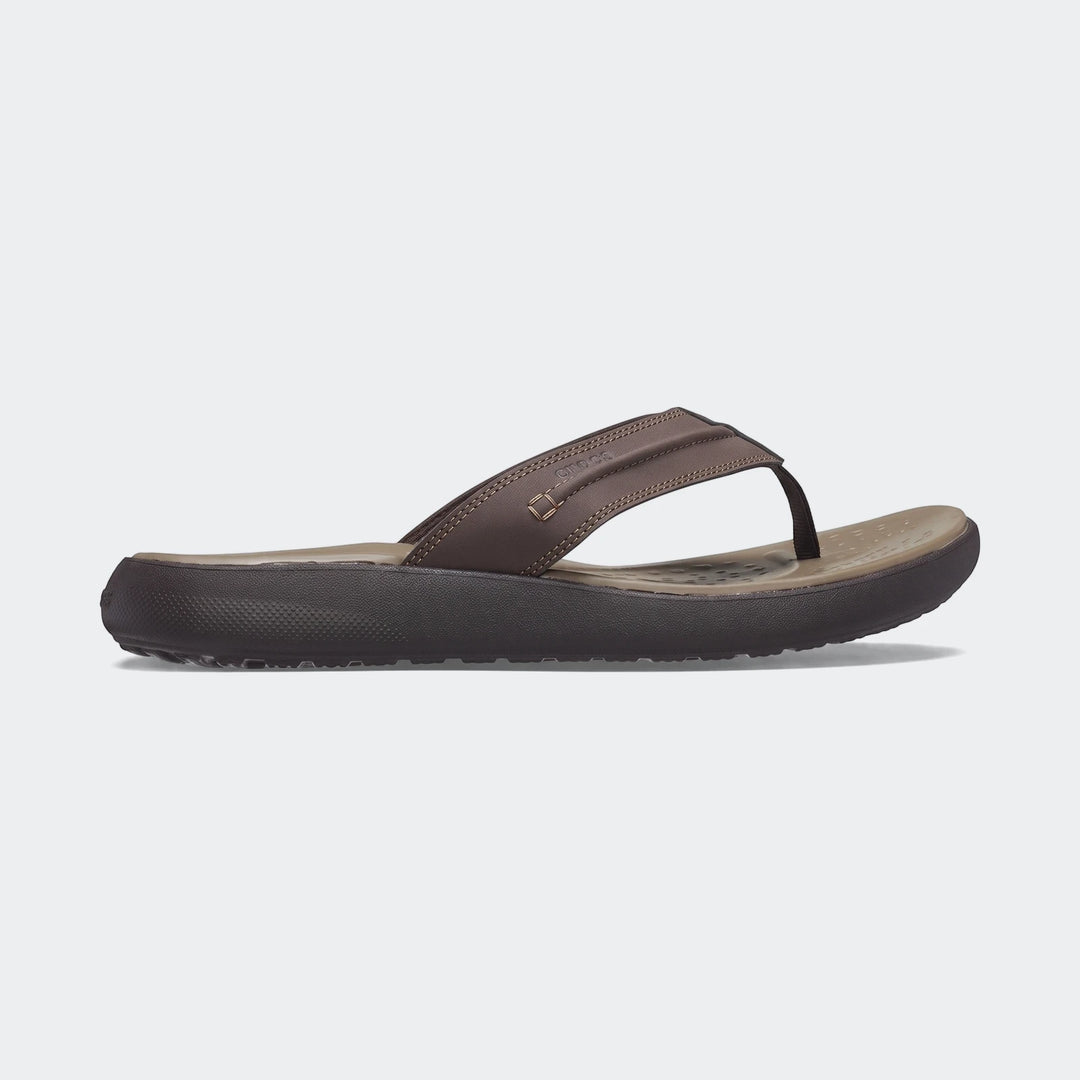 Yukon Vista II Literide men's brown flip-flops, featuring a durable strap and a comfortable tan and brown footbed, in a side