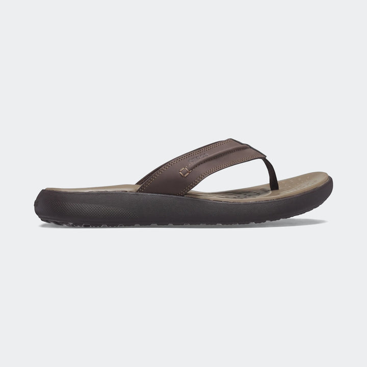 Yukon Vista II Literide men's brown flip-flops, featuring a durable strap and a comfortable tan and brown footbed, in a side