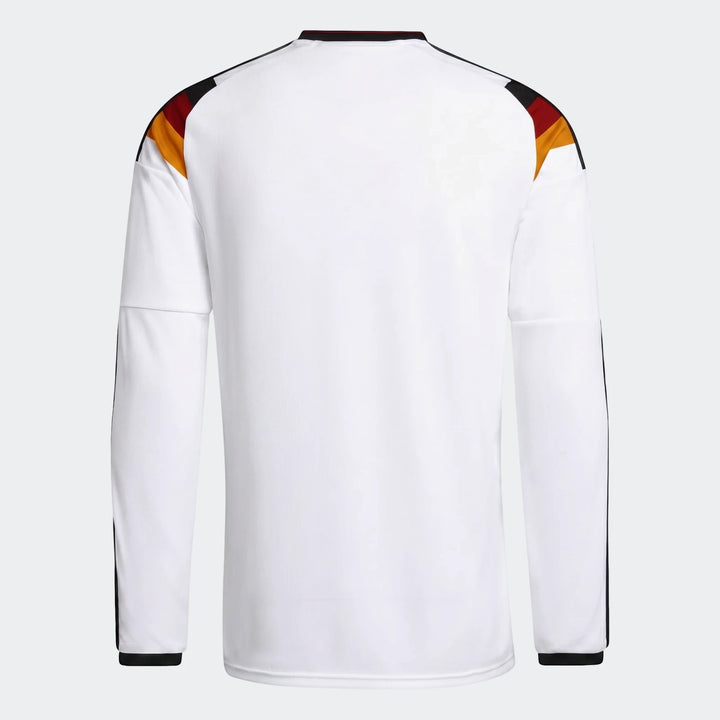 White long-sleeve Z.N.E. Track Top, back view. Sporty design with black, red, and yellow stripes on shoulders.